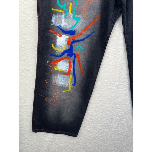 U&U Vintage Mens 44X34 Black Painted Urban Baggy Y2K Cotton Jeans Streetwear - Picture 4 of 10